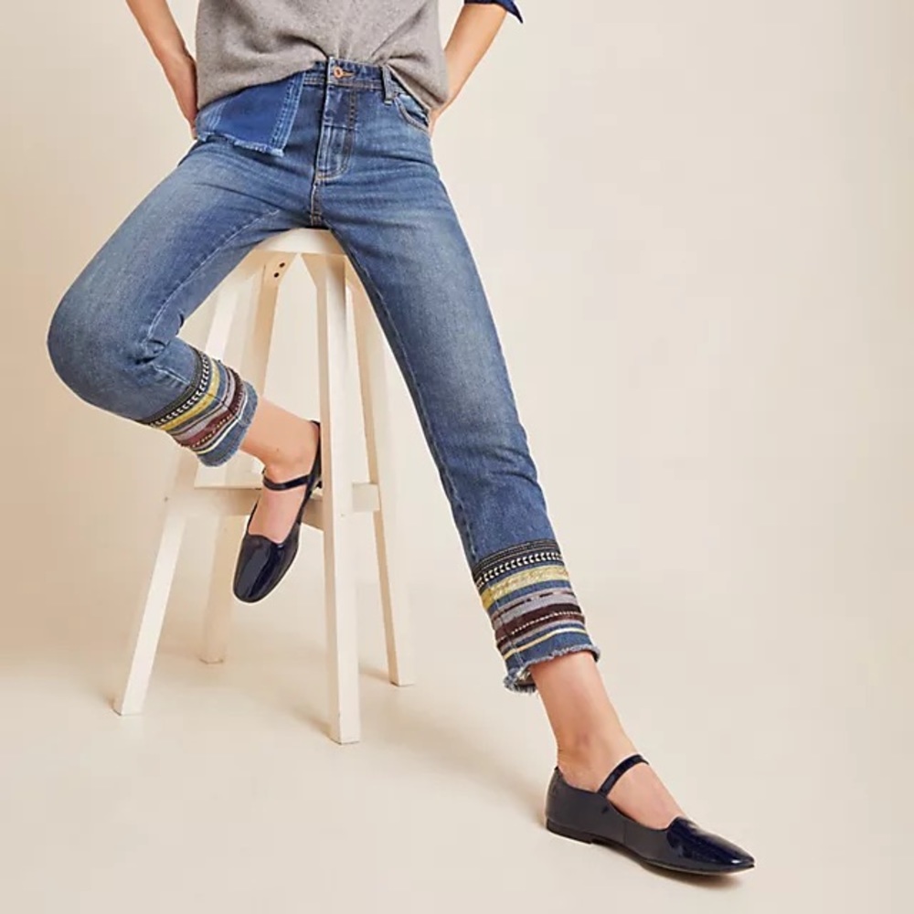 Anthropologie Straight Cropped Raw Hem Sequin Embroidered Jeans